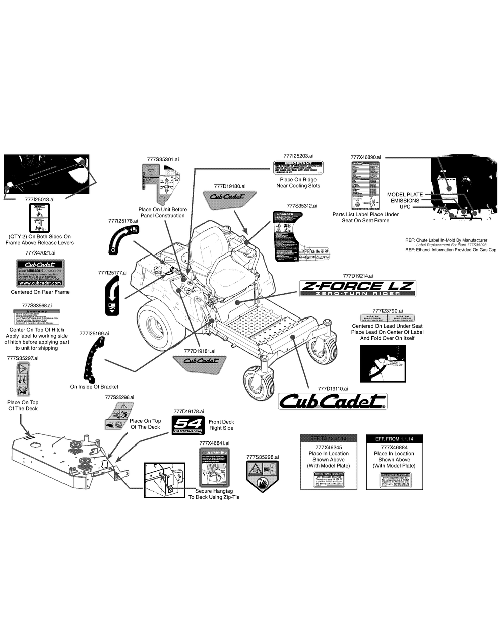 Label Map Diagram and Parts List for Z-FORCELZ54 (17AIDAGC-17AIDAGC010)(2014) Cub Cadet Lawn Tractor